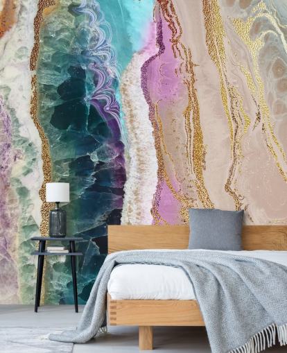 purple, pink and gold customisable geode wallpaper mural called Rock Pool Beach by Lara Skinner for lounges