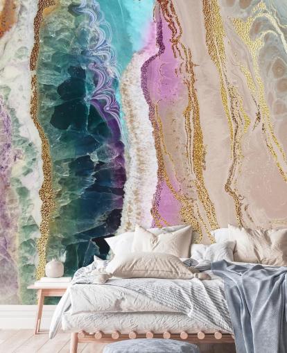 Personalisierbare Geodentapete in Violett, Rosa und Gold namens Rock Pool Beach von Lara Skinner für Lounges