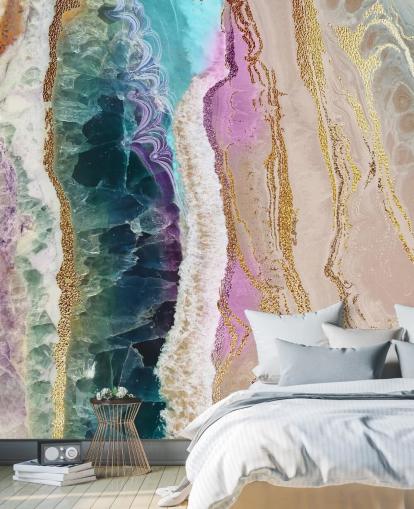 mural de papel pintado de geodas personalizable en morado, rosa y dorado llamado Rock Pool Beach de Lara Skinner para salones