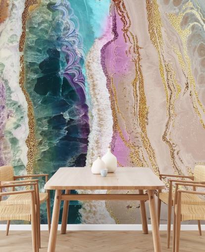 lila, rosa och guld anpassningsbar geode-tapetväggmålning kallad Rock Pool Beach av Lara Skinner för lounger lila, rosa och guld anpassningsbar geode-tapetväggmålning kallad Rock Pool Beach av Lara Skinner för lounger