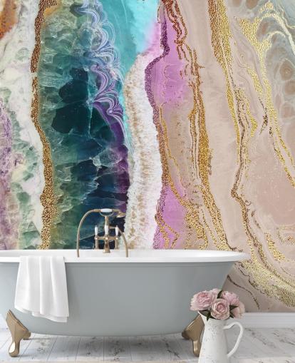 papier peint mural à géode personnalisable violet, rose et doré appelé Rock Pool Beach par Lara Skinner pour les salons