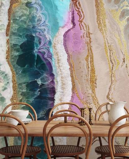 mural de papel pintado de geodas personalizable en morado, rosa y dorado llamado Rock Pool Beach de Lara Skinner para salones