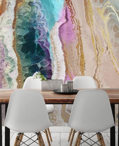 mural de papel pintado de geodas personalizable en morado, rosa y dorado llamado Rock Pool Beach de Lara Skinner para salones