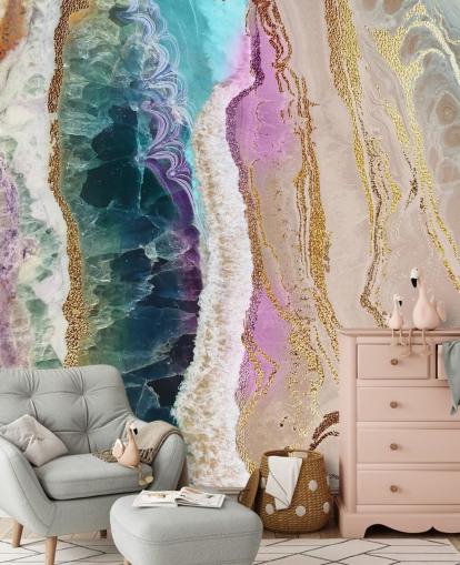purple, pink and gold customisable geode wallpaper mural called Rock Pool Beach by Lara Skinner for lounges