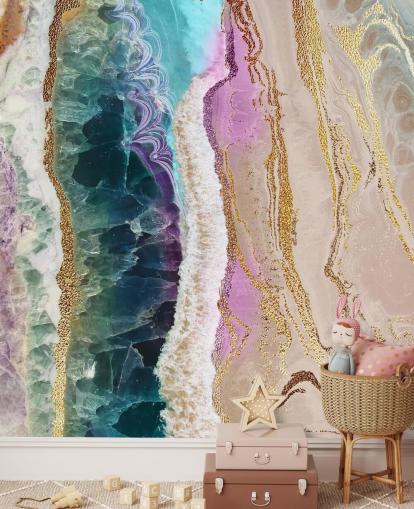 mural de papel pintado de geodas personalizable en morado, rosa y dorado llamado Rock Pool Beach de Lara Skinner para salones