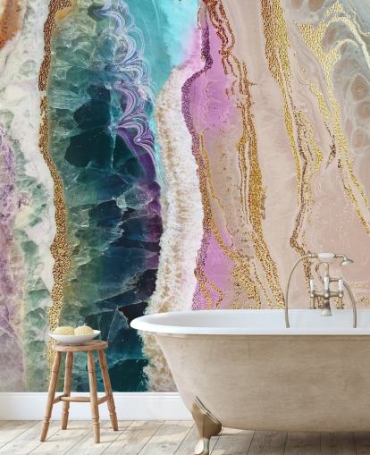 mural de papel pintado de geodas personalizable en morado, rosa y dorado llamado Rock Pool Beach de Lara Skinner para salones
