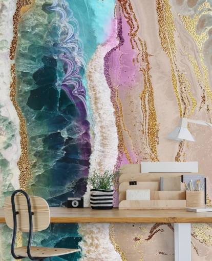 lilla, lyserød og guld tilpasselig geode tapetmaleri kaldet Rock Pool Beach af Lara Skinner til lounger