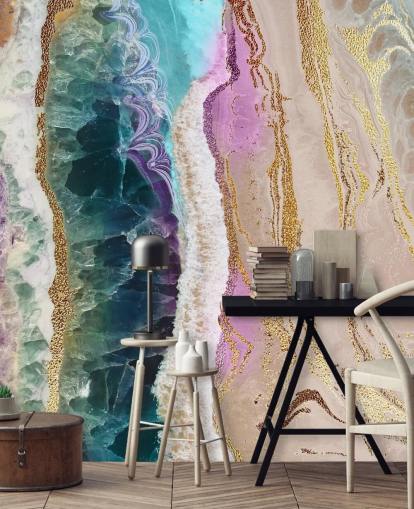 purple, pink and gold customisable geode wallpaper mural called Rock Pool Beach by Lara Skinner for lounges