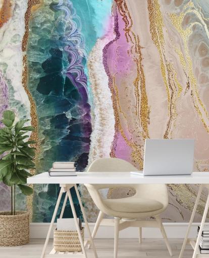 mural de papel pintado de geodas personalizable en morado, rosa y dorado llamado Rock Pool Beach de Lara Skinner para salones