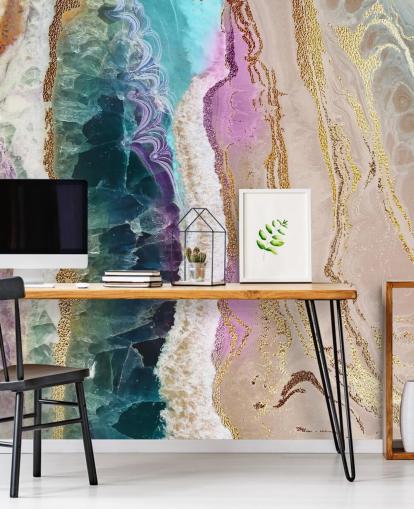 mural de papel de parede de geodo personalizável roxo, rosa e dourado chamado Rock Pool Beach de Lara Skinner para lounges