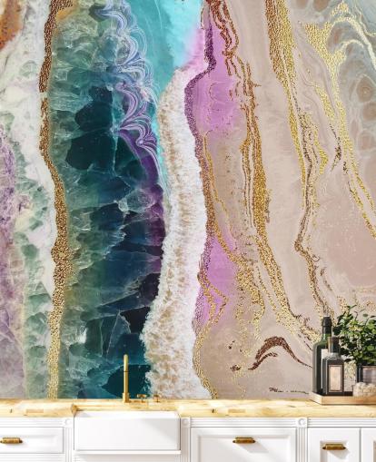 mural de papel pintado de geodas personalizable en morado, rosa y dorado llamado Rock Pool Beach de Lara Skinner para salones