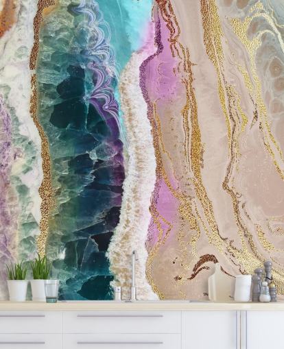 papier peint mural à géode personnalisable violet, rose et doré appelé Rock Pool Beach par Lara Skinner pour les salons