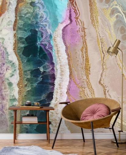 papier peint mural à géode personnalisable violet, rose et doré appelé Rock Pool Beach par Lara Skinner pour les salons