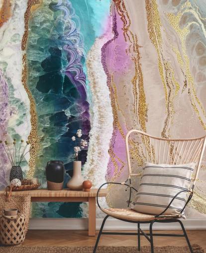 mural de papel de parede de geodo personalizável roxo, rosa e dourado chamado Rock Pool Beach de Lara Skinner para lounges