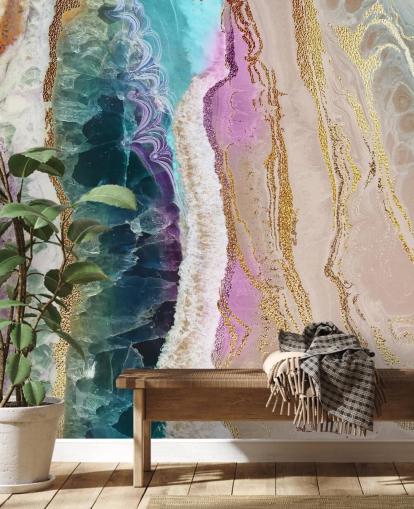 paarse, roze en gouden aanpasbare geodebehangmuurschildering genaamd Rock Pool Beach van Lara Skinner voor lounges paarse, roze en gouden aanpasbare geodebehangmuurschildering genaamd Rock Pool Beach van Lara Skinner voor lounges