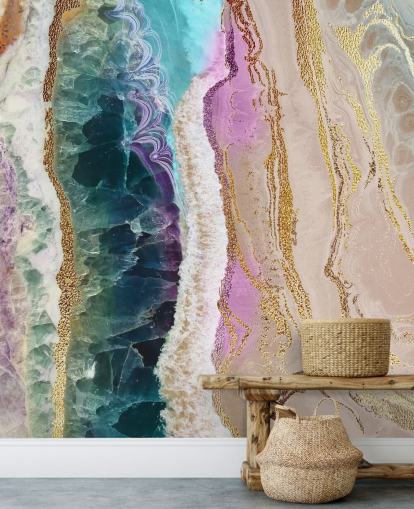purple, pink and gold customisable geode wallpaper mural called Rock Pool Beach by Lara Skinner for lounges
