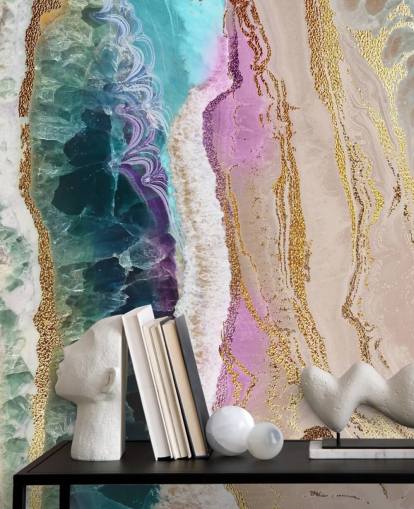 purple, pink and gold customisable geode wallpaper mural called Rock Pool Beach by Lara Skinner for lounges