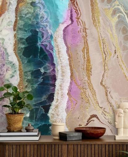 papier peint mural à géode personnalisable violet, rose et doré appelé Rock Pool Beach par Lara Skinner pour les salons