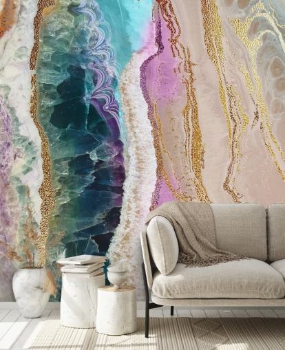 lilla, lyserød og guld tilpasselig geode tapetmaleri kaldet Rock Pool Beach af Lara Skinner til lounger