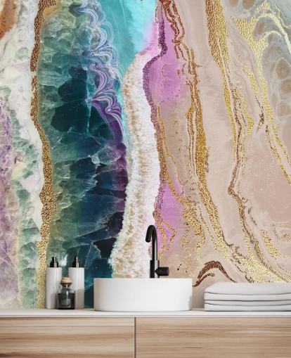 mural de papel de parede de geodo personalizável roxo, rosa e dourado chamado Rock Pool Beach de Lara Skinner para lounges