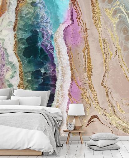 purple, pink and gold customisable geode wallpaper mural called Rock Pool Beach by Lara Skinner for lounges