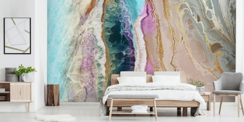 paarse, roze en gouden aanpasbare geodebehangmuurschildering genaamd Rock Pool Beach van Lara Skinner voor lounges paarse, roze en gouden aanpasbare geodebehangmuurschildering genaamd Rock Pool Beach van Lara Skinner voor lounges