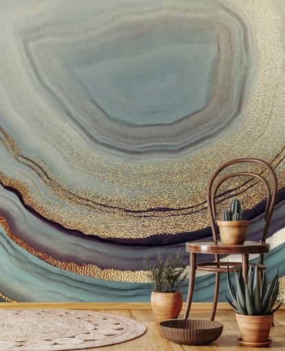 gull og grå geode veggmaleri kalt Gold Dust Grey Marble av Lara Skinner for stuer, soverom og kjøkken