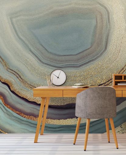 mural de parede de geodo dourado e cinza chamado Gold Dust Grey Marble de Lara Skinner para salas de estar, quartos e cozinhas