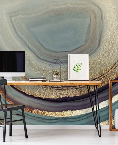 Lara Skinnerin kultainen ja harmaa geode-seinämaalaus nimeltä Gold Dust Grey Marble olohuoneisiin, makuuhuoneisiin ja keittiöihin