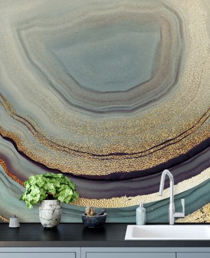 gold and gray geode wall mural called Gold Dust Gray Marble by Lara Skinner for living rooms, bedrooms and kitchens