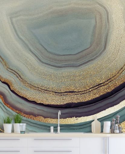 gold and grey geode wall mural called Gold Dust Grey Marble by Lara Skinner for living rooms, bedrooms and kitchens