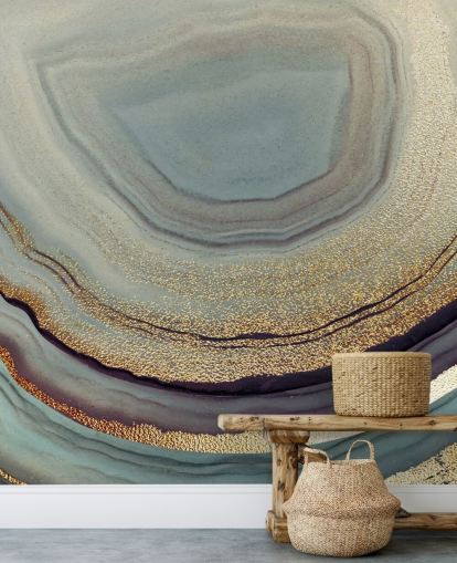 murale murale con geode dorato e grigio chiamato Gold Dust Grey Marble di Lara Skinner per salotti, camere da letto e cucine