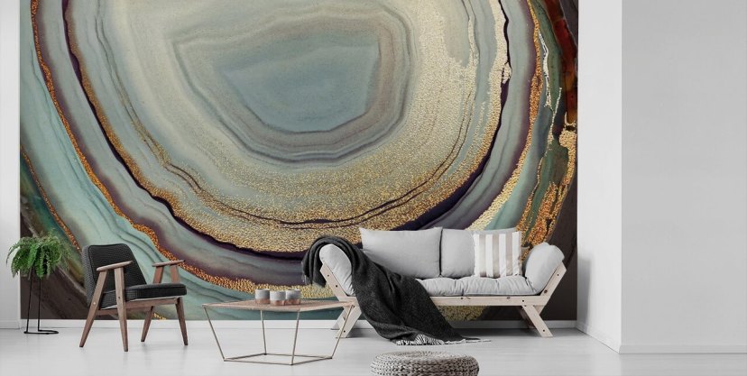 gouden en grijze geodemuurschildering genaamd Gold Dust Grey Marble van Lara Skinner voor woonkamers, slaapkamers en keukens gouden en grijze geodemuurschildering genaamd Gold Dust Grey Marble van Lara Skinner voor woonkamers, slaapkamers en keukens