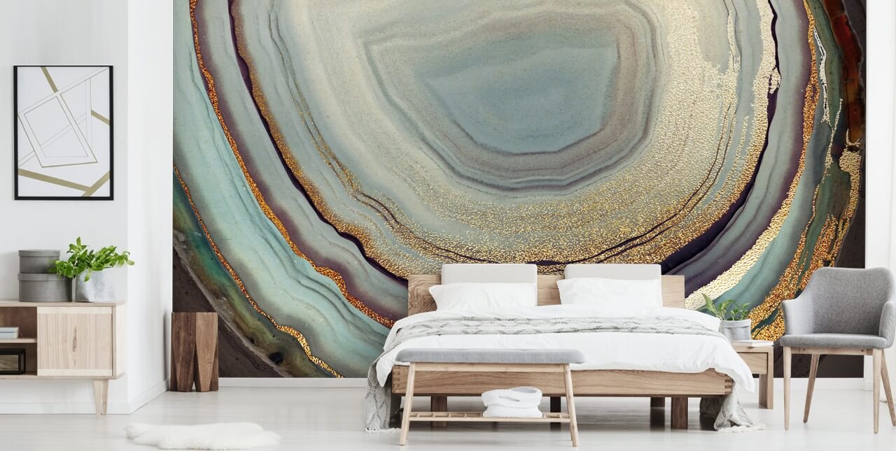 Gold- und Grau-Geode-Wandbild namens Gold Dust Grey Marble von Lara Skinner für Wohnzimmer, Schlafzimmer und Küchen