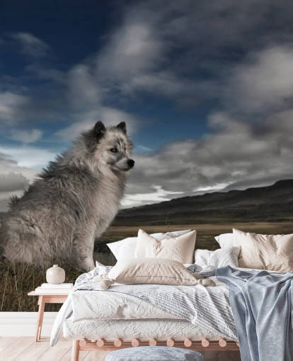 fondo de pantalla de perro peludo grande gris sentado junto a un río