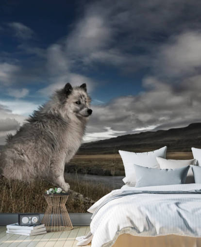 fondo de pantalla de perro peludo grande gris sentado junto a un río