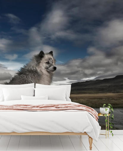 big grey shaggy dog sat by a river wallpaper