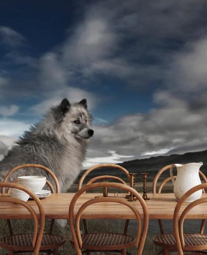 fondo de pantalla de perro peludo grande gris sentado junto a un río