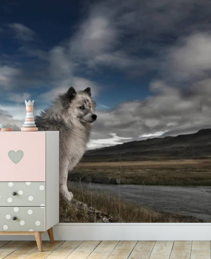 big grey shaggy dog sat by a river wallpaper