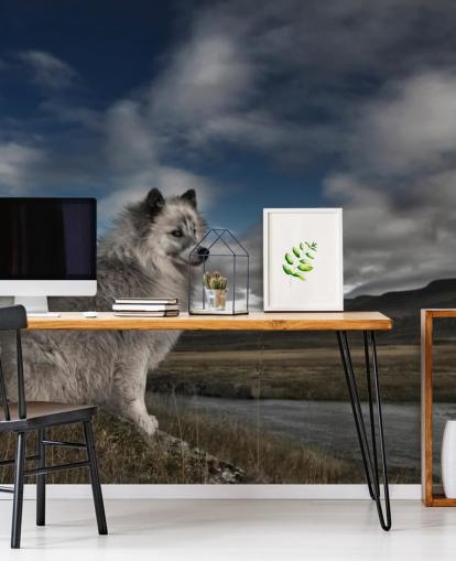 stor grå lurvig hund satt vid en flod tapet