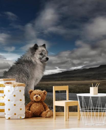 big grey shaggy dog sat by a river wallpaper