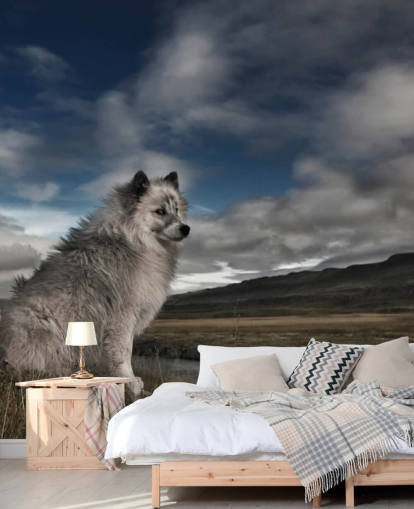 big grey shaggy dog sat by a river wallpaper