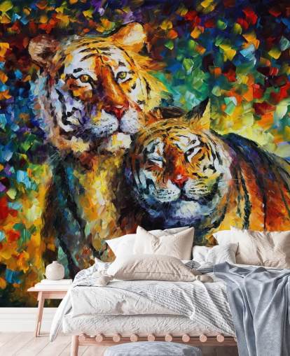 two painted tigers cuddling wallpaper two painted tigers cuddling wallpaper