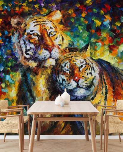 two painted tigers cuddling wallpaper two painted tigers cuddling wallpaper