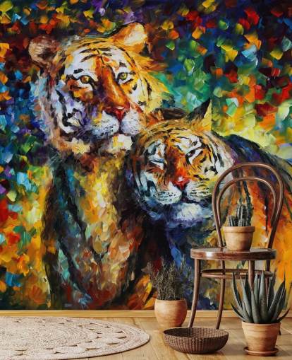 two painted tigers cuddling wallpaper