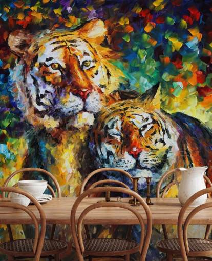 two painted tigers cuddling wallpaper