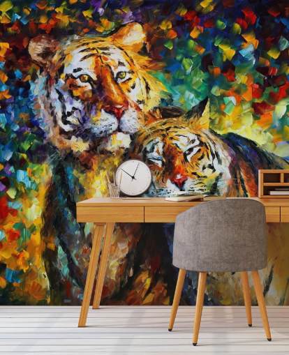 two painted tigers cuddling wallpaper