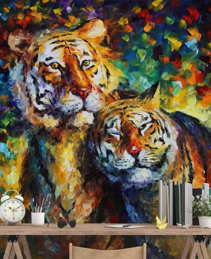 two painted tigers cuddling wallpaper