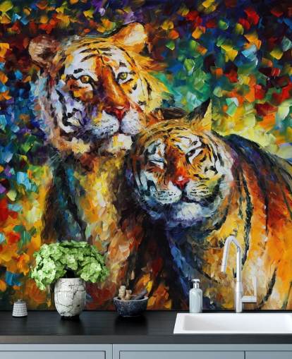 papier peint câlinant deux tigres peints