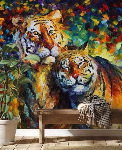 two painted tigers cuddling wallpaper